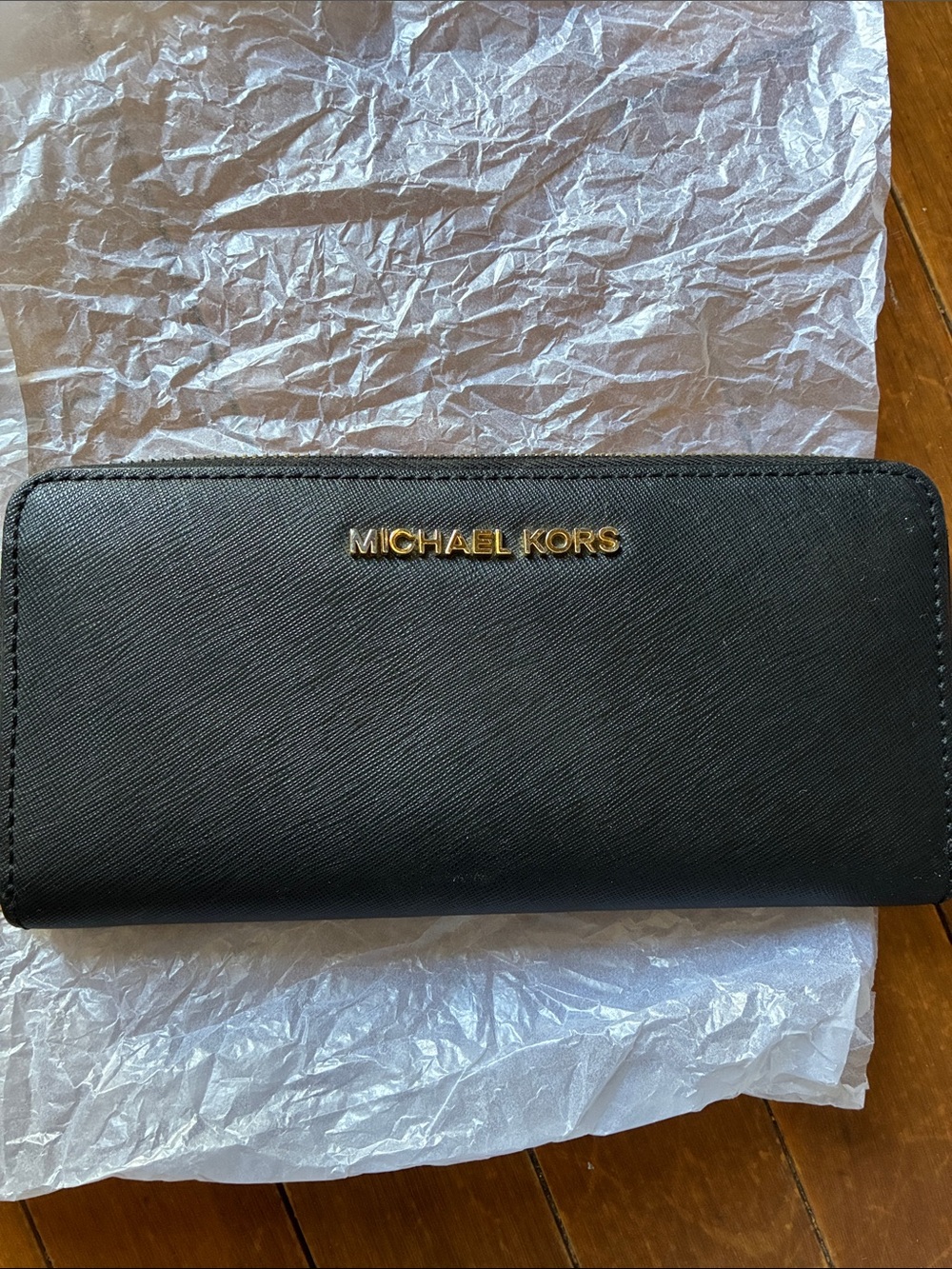Michael Kors Black Saffiano Zip Wallet with Gold Logo